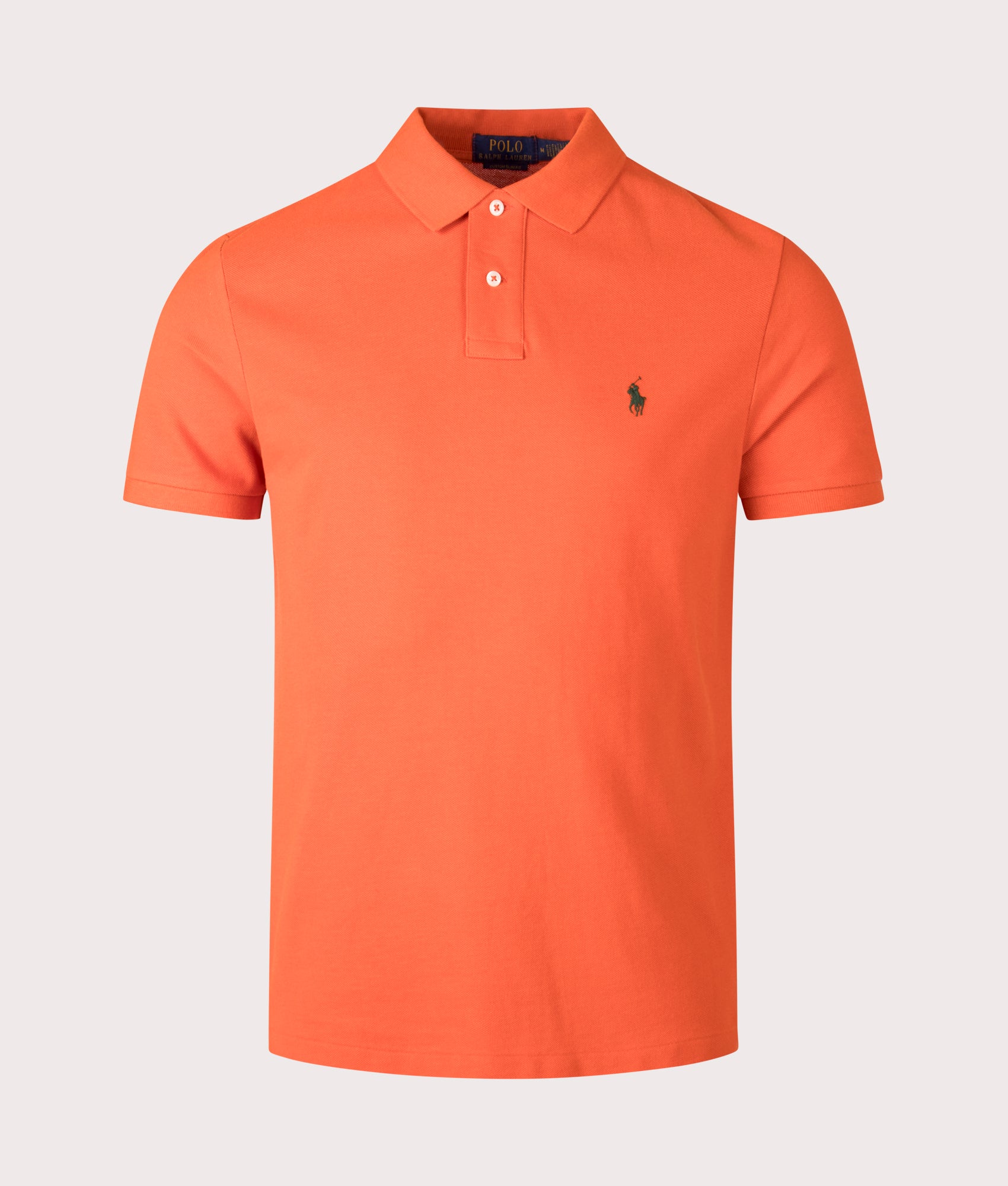 Polo Ralph Lauren Custom Slim Fit Mesh Polo Shirt in College Orange. Shot at EQVVS. Front shot. 
