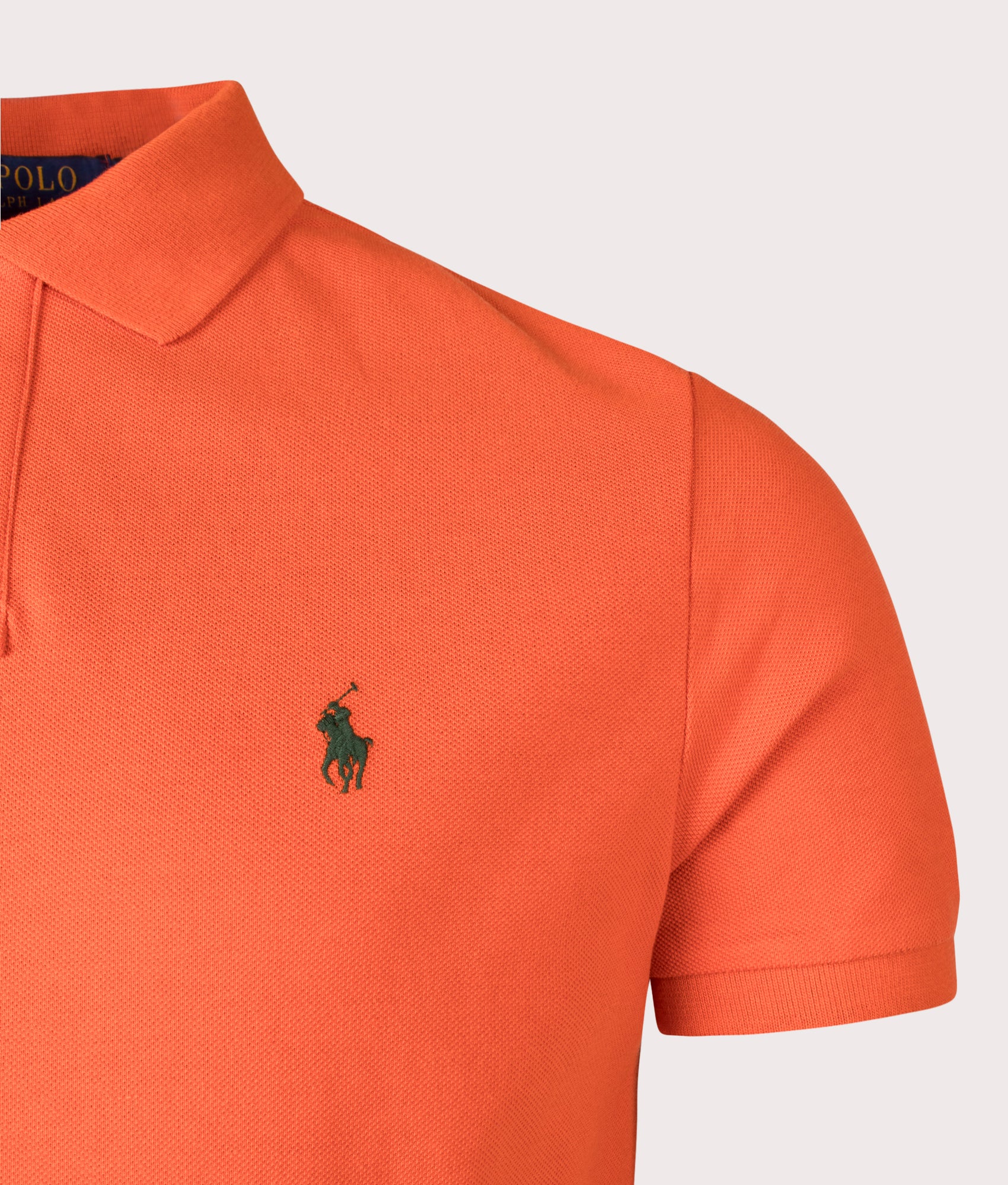 Polo Ralph Lauren Custom Slim Fit Mesh Polo Shirt in College Orange. Shot at EQVVS. Detail shot. 