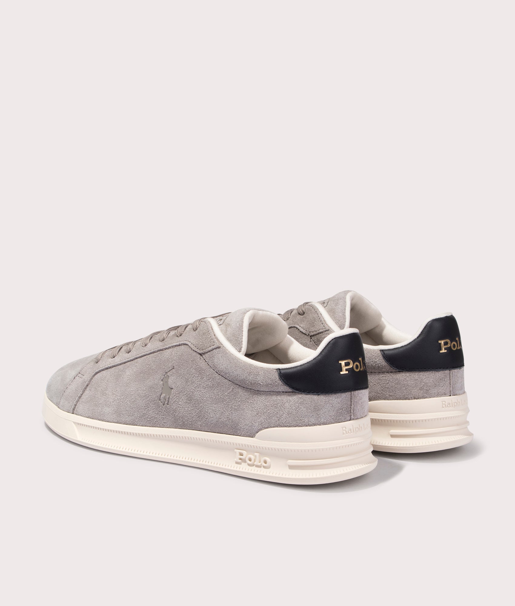 Polo Ralph Lauren Heritage Court II Suede Sneakers in Earth Grey/Black. Shot at EQVVS. Back shot. 