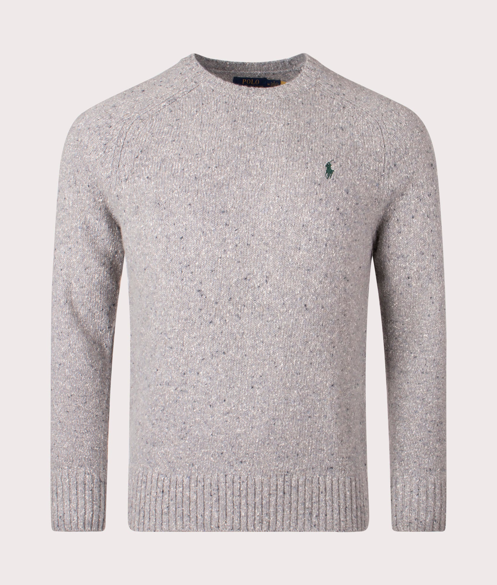 Polo Ralph Lauren Speckled Wool-Blend Crewneck Jumper in Grey Donegal. EQVVS Front Shot.