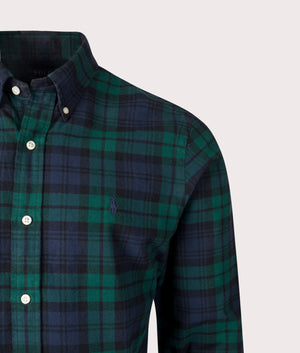 Custom Slim Fit Plaid Brushed Oxford Shirt in Navy/Green Multi | 100% Cotton | Polo Ralph Lauren | EQVVS | Front detail shot 