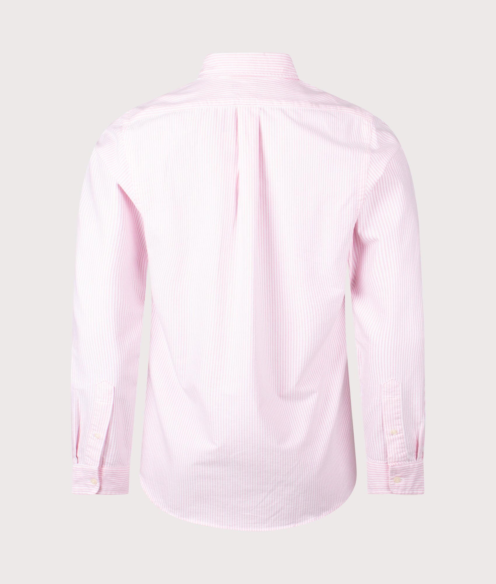 Polo Ralph Lauren Custom Fit Striped Oxford Shirt in New Rose and White at EQVVS Menswear. Back shot.