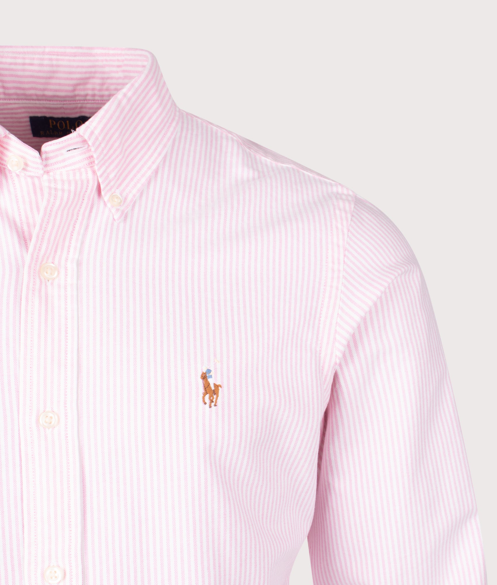 Polo Ralph Lauren Custom Fit Striped Oxford Shirt in New Rose and White at EQVVS Menswear. Detail shot.
