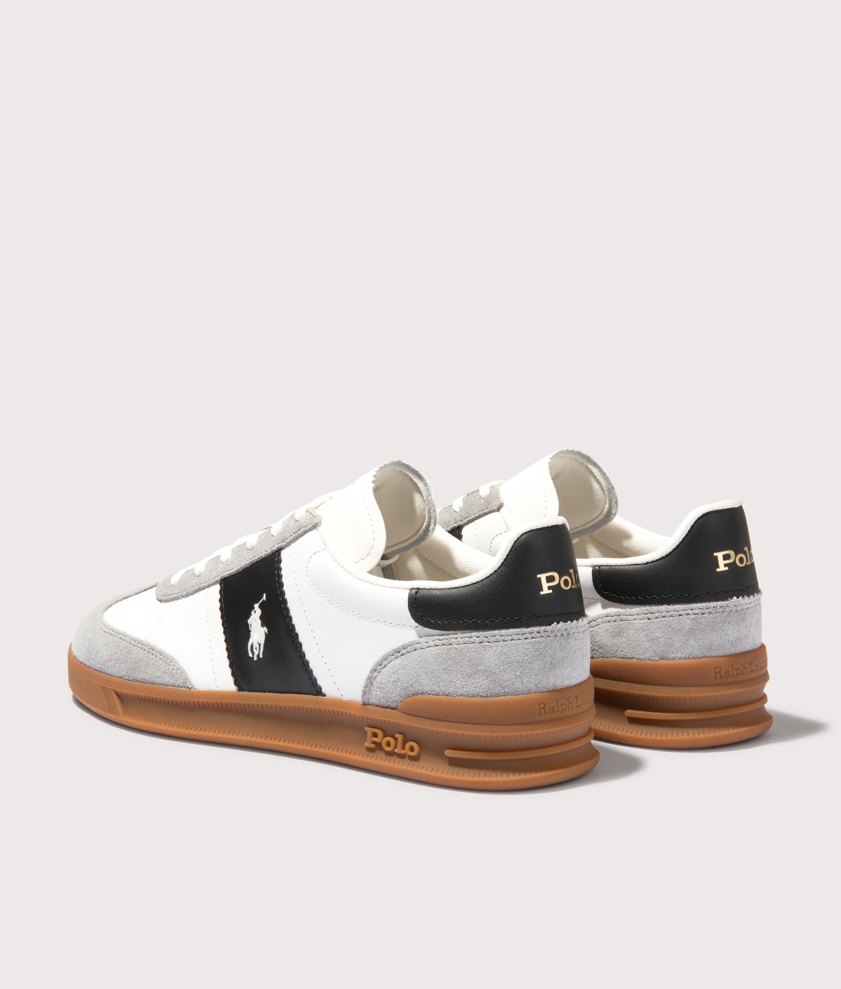 Polo Ralph Lauren Heritage Aera Leather Suede Sneakers in White/Black/Soft Grey. Shot at EQVVS.  Back shot. 