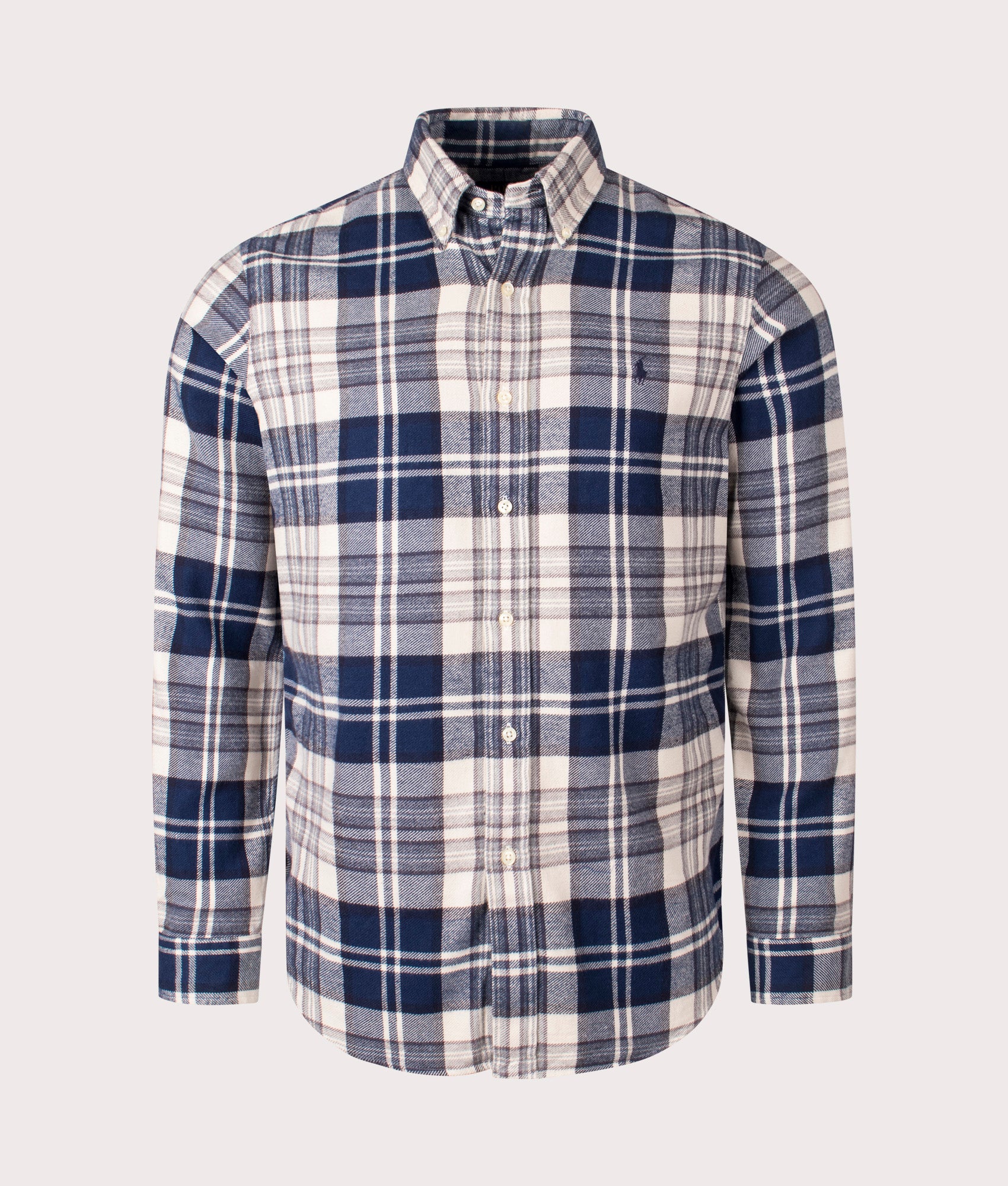 Polo Ralph Lauren Custom Fit Plaid Brushed Flannel Shirt in Off White/Navy, 100% Cotton at EQVVS. Front Shot. 