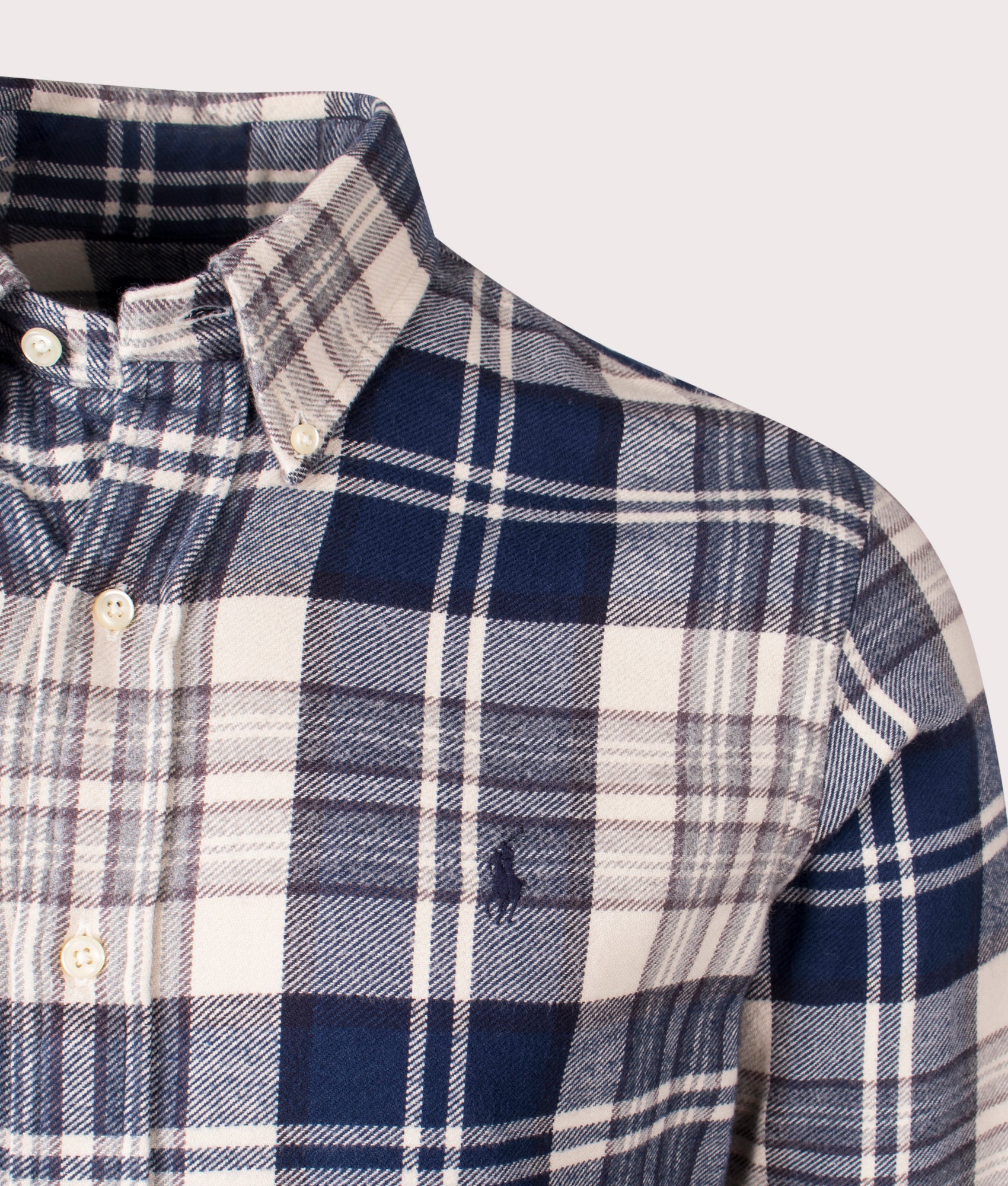 Polo Ralph Lauren Custom Fit Plaid Brushed Flannel Shirt in Off White/Navy, 100% Cotton at EQVVS. Detailed Logo Shot. 