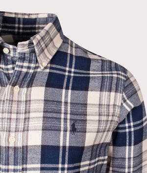 Polo Ralph Lauren Custom Fit Plaid Brushed Flannel Shirt in Off White/Navy, 100% Cotton at EQVVS. Detailed Logo Shot. 
