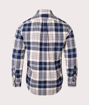 Polo Ralph Lauren Custom Fit Plaid Brushed Flannel Shirt in Off White/Navy, 100% Cotton at EQVVS. Back Shot. 