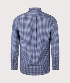 Custom Fit Long Sleeve Plaid Stretch Poplin Shirt Shot by EQVVS. Back shot.