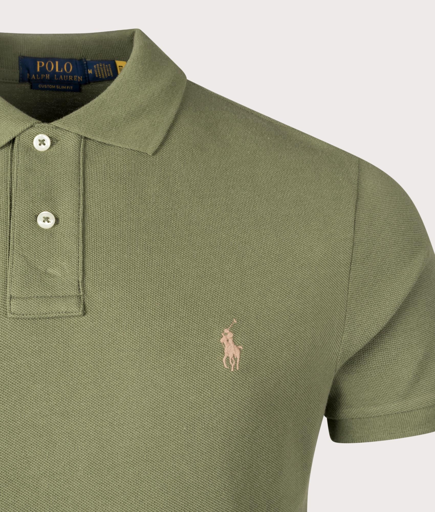 Polo Ralph Lauren Custom Slim Fit Mesh Polo Shirt in Garden Trail. Detail Shot at EQVVS.