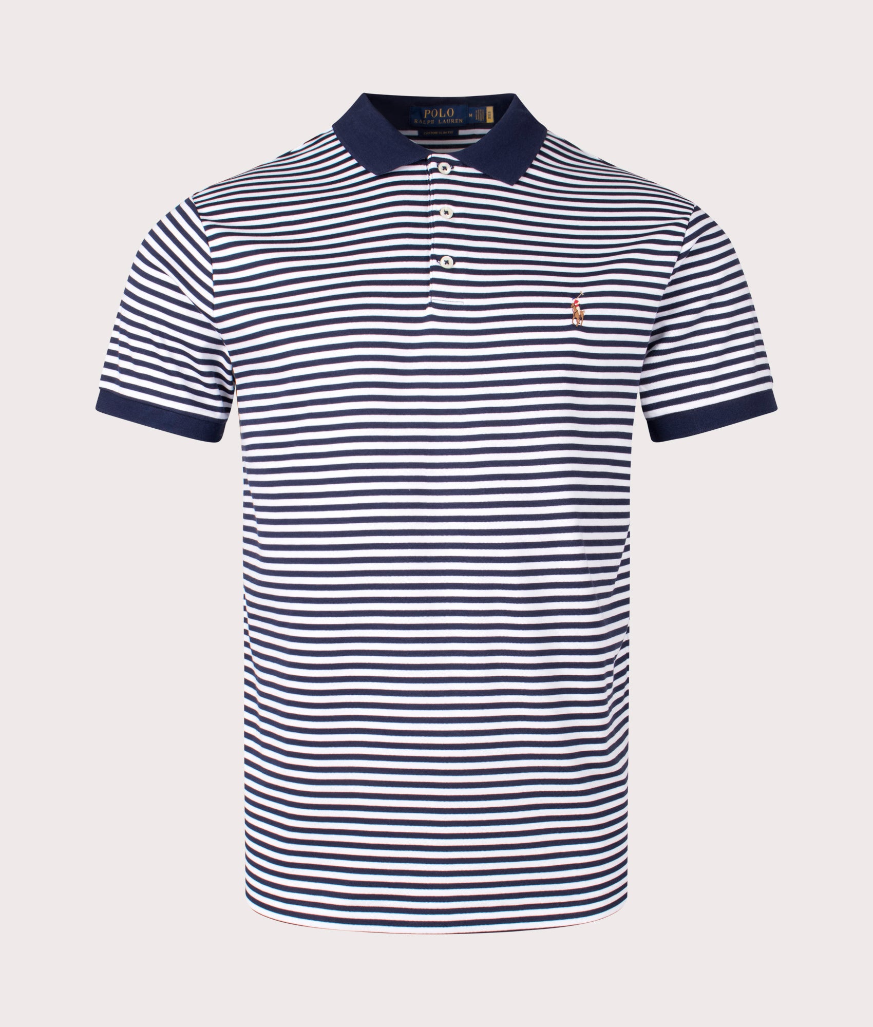Custom Slim Fit Soft Cotton Polo Shirt in Refined Navy/White by Polo Ralph Lauren. EQVVS Front Angle Shot.