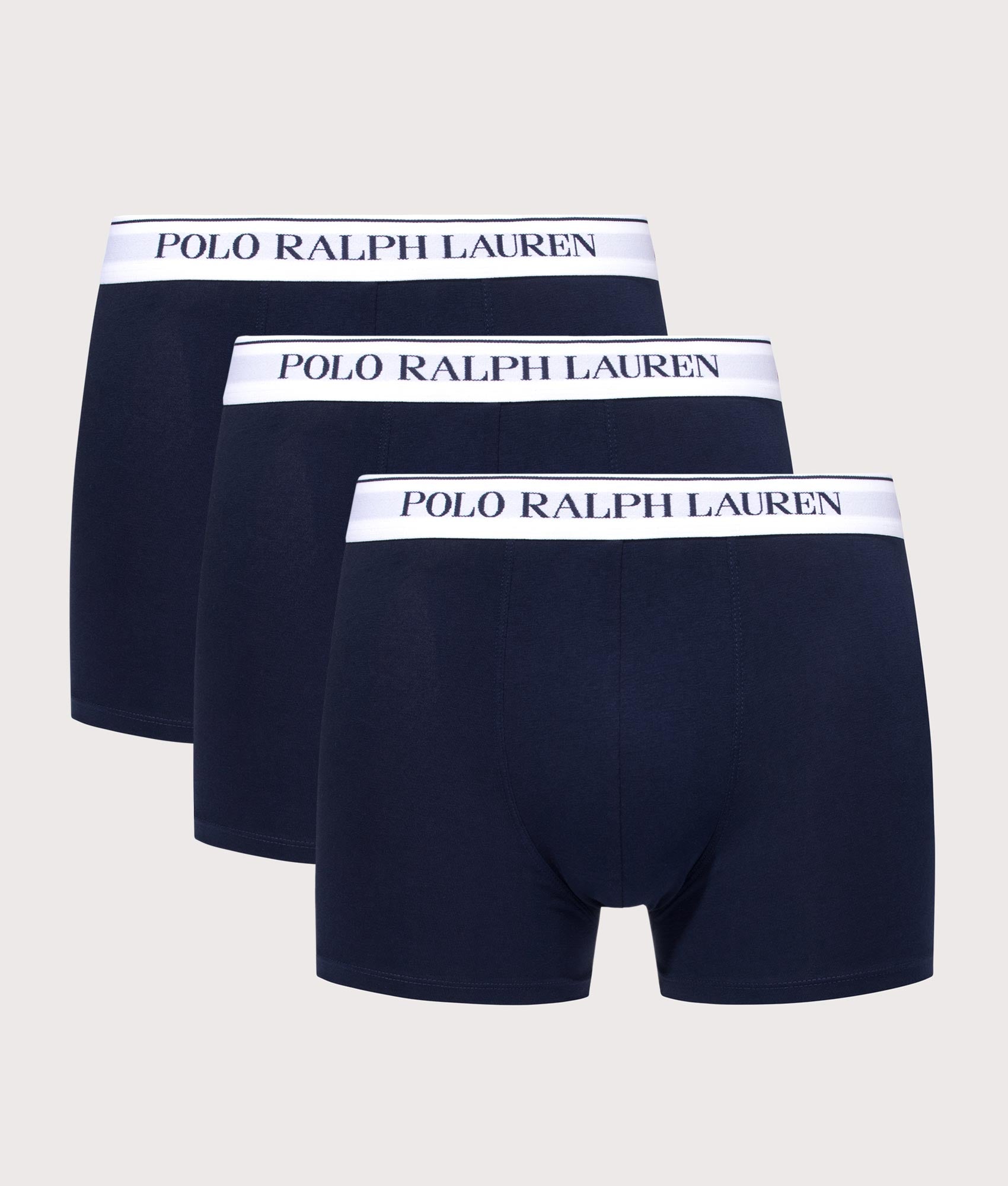 Polo Ralph Lauren 3-Pack Classic Stretch-Cotton Trunks in Navy and White at EQVVS Menswear. Front shot.