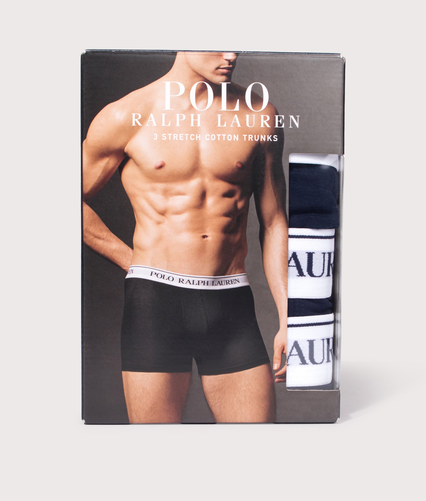 Polo Ralph Lauren 3-Pack Classic Stretch-Cotton Trunks in Navy and White at EQVVS Menswear. Box shot.