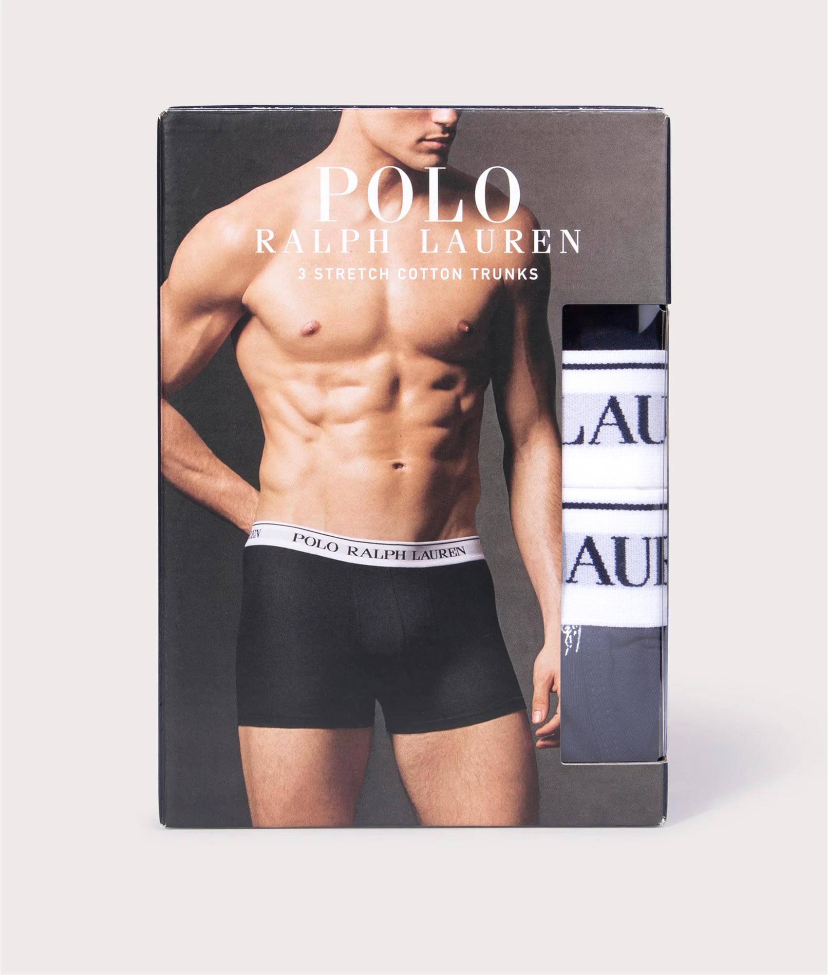 Polo Ralph Lauren 3 Pack Classic Stretch Cotton Trunks at EQVVS Menswear. Packaging shot.