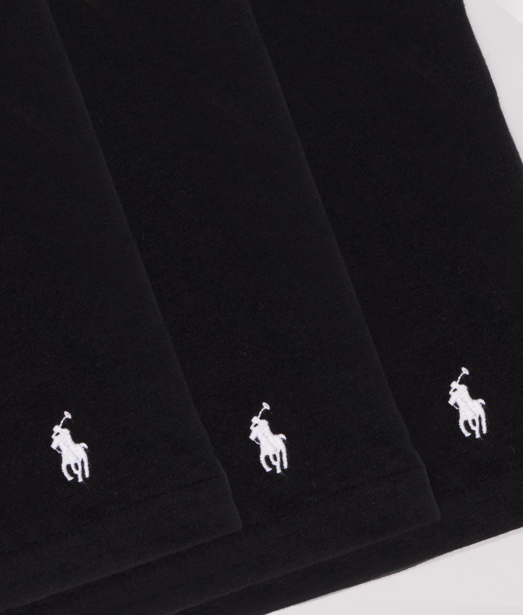 Polo Ralph Lauren Three Pack Slim Fit Crewneck Loungewear T-Shirt in Black at EQVVS Menswear.  Detail shot.