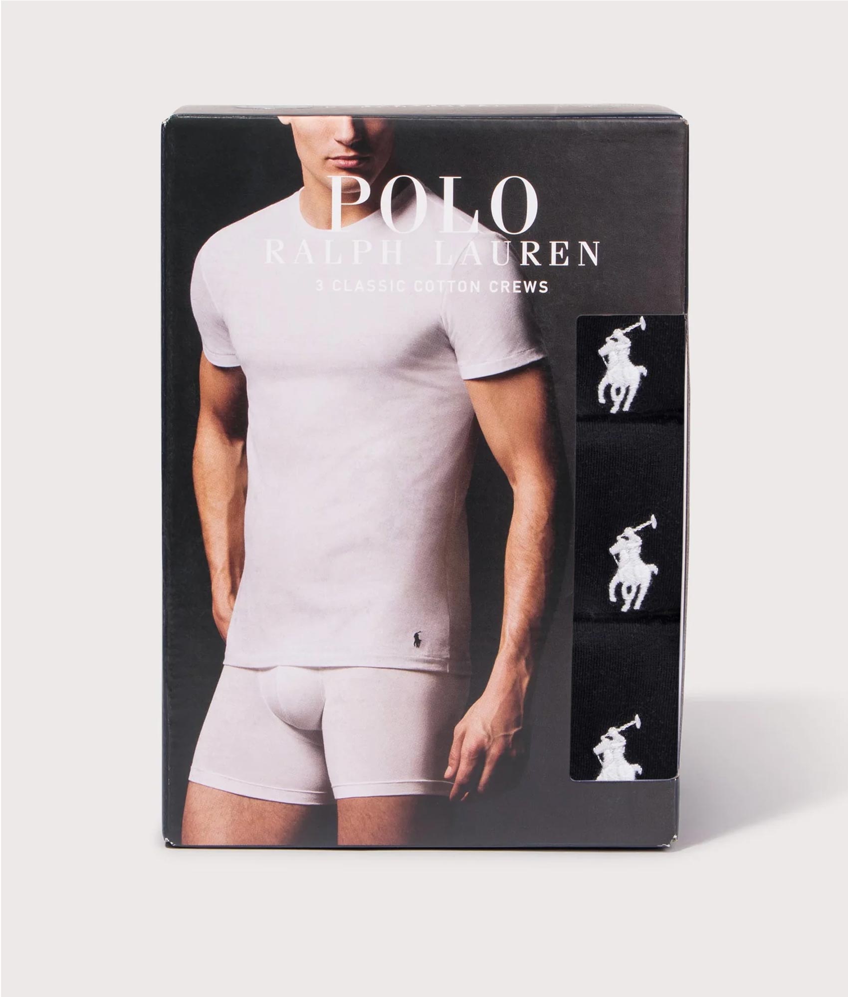 Polo Ralph Lauren Three Pack Slim Fit Crewneck Loungewear T-Shirt in Black at EQVVS Menswear.  Box shot.