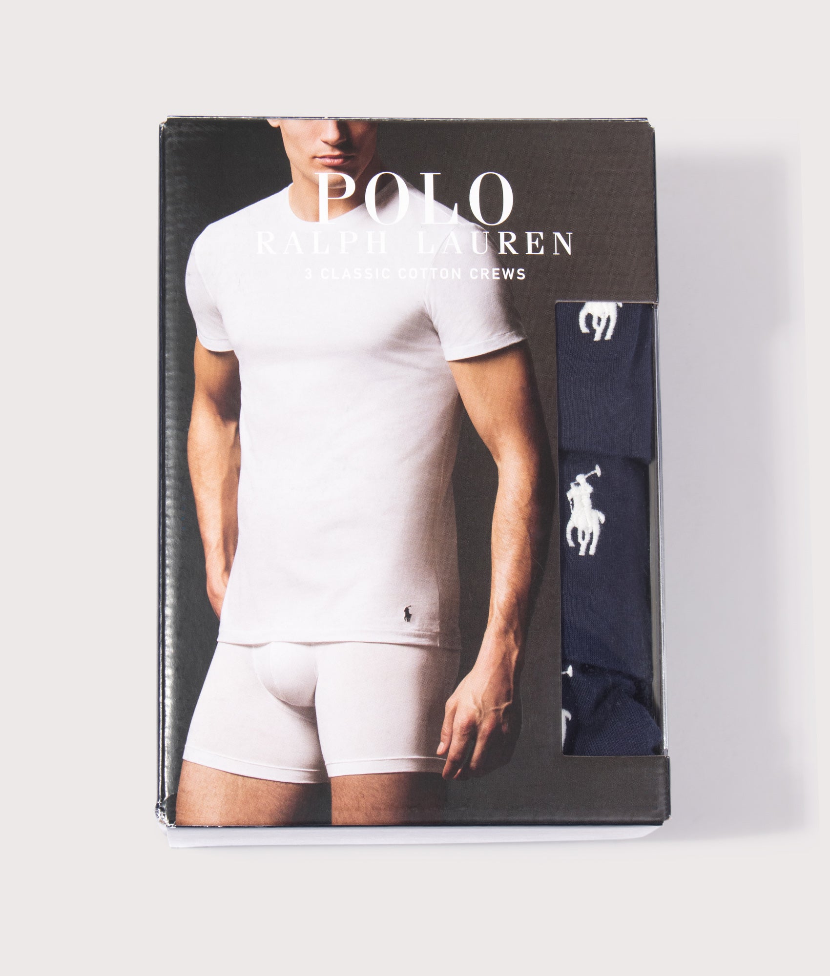 Polo Ralph Lauren 3 Pack Slim Fit crewneck Loungewear T-Shirt in Navy at EQVVS Menswear. Box shot.