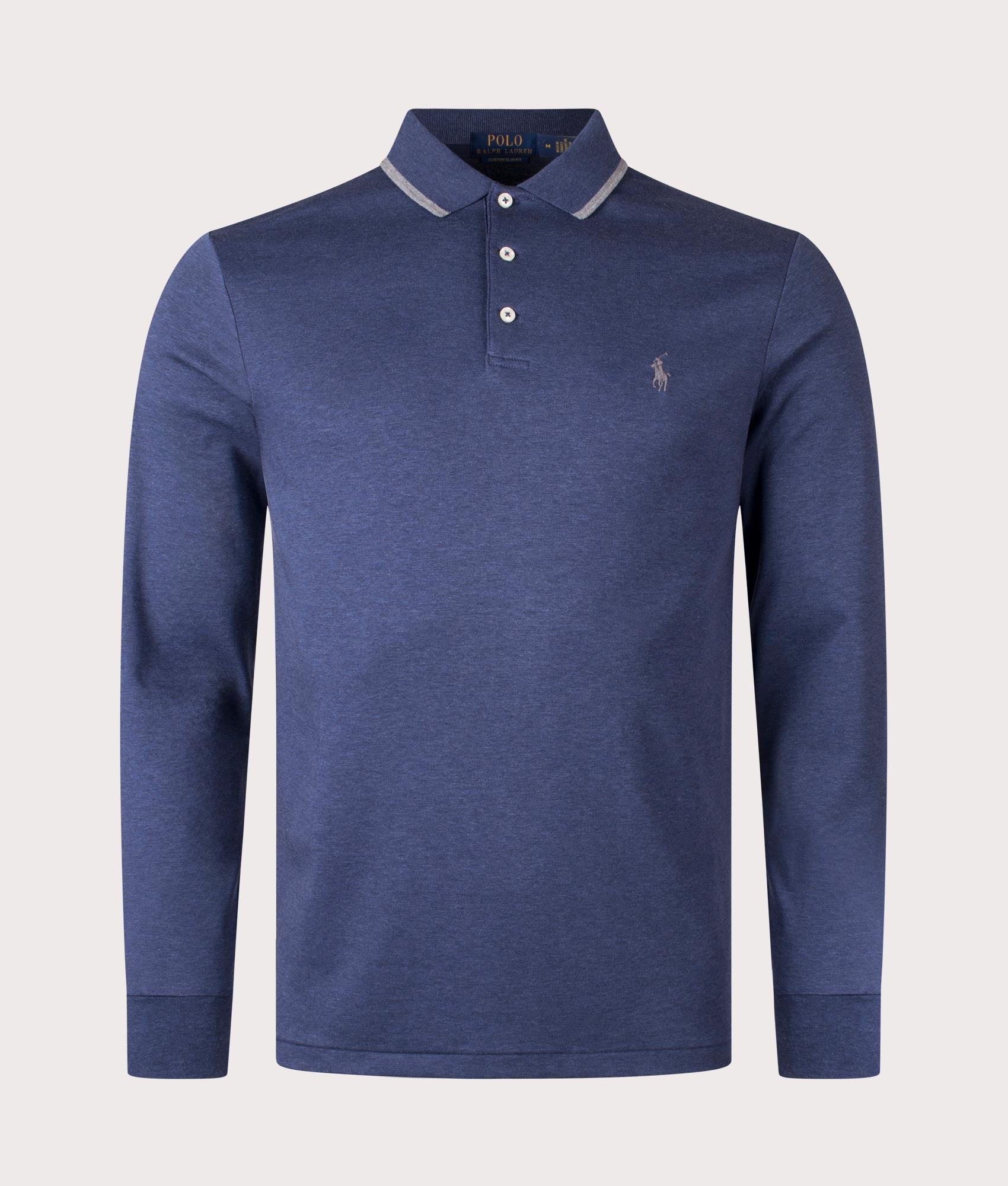 Custom Slim Fit Polo Ralph Lauren Polo Shirt, Spring Navy Heather shot at EQVVS. Front shot. 