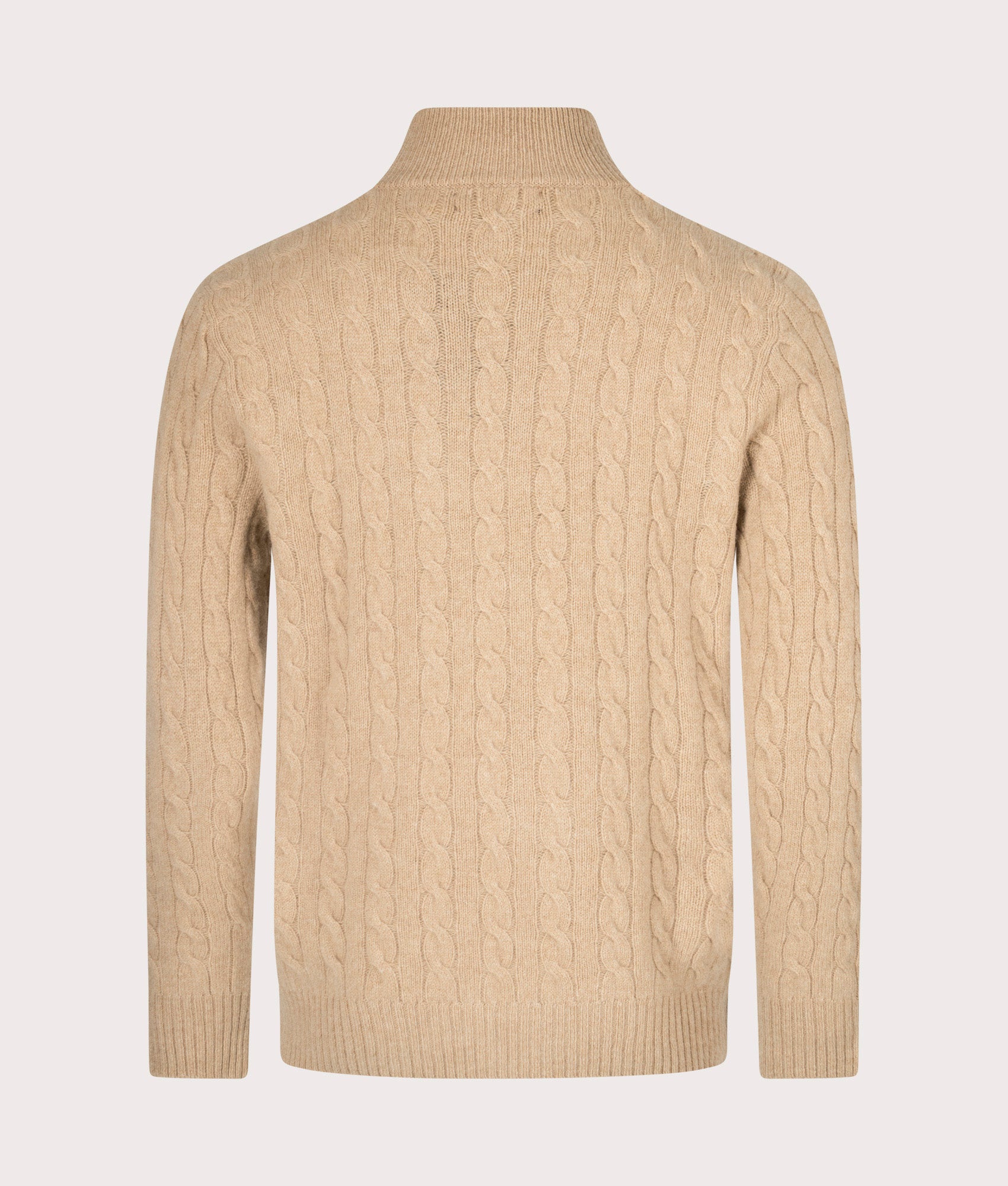 Polo Ralph Lauren Cashmere Blend Quarter Zip Cable Knit Jumper in Camel Melange at EQVVS Back Shot