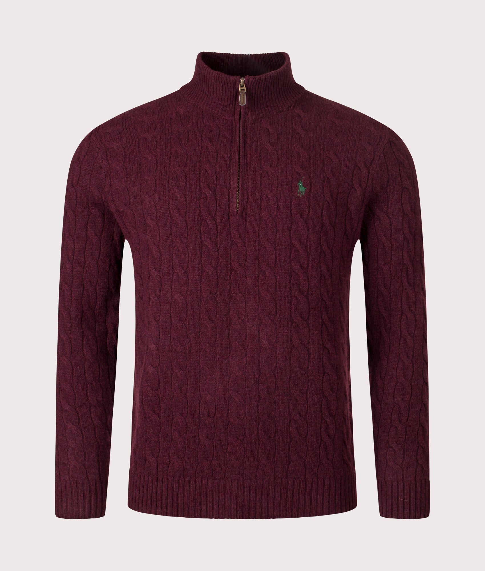 Polo Ralph Lauren Cashmere Blend Quarter Zip Cable Knit Jumper in Aged Wine Heather at EQVVS Menswear. Front shot. 