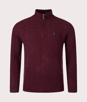 Cashmere Blend Quarter Zip Cable Knit Jumper in Aged Wine Heather | Polo Ralph Lauren | EQVVS | Front shot 