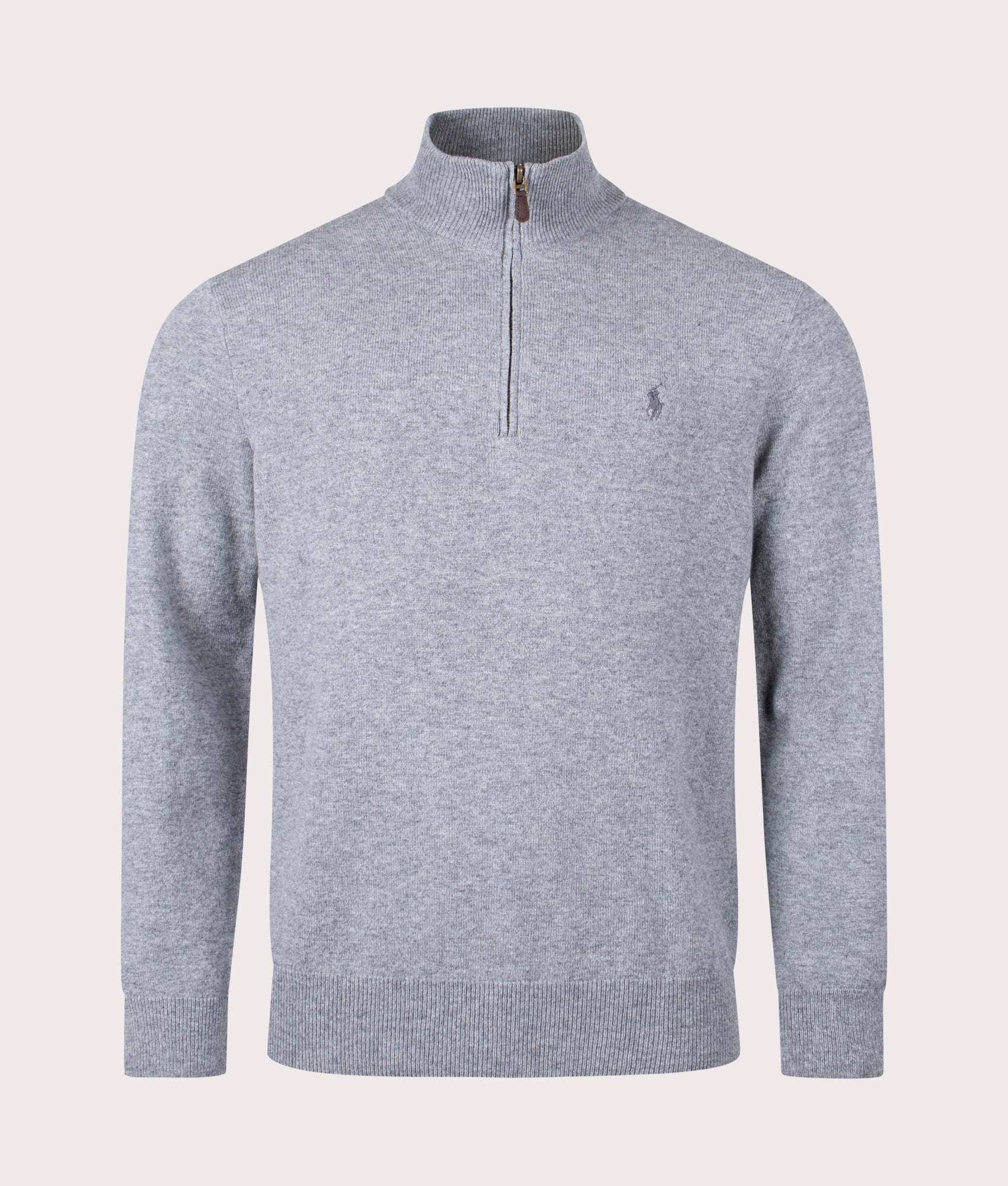 Polo Ralph Lauren Merino Wool Quarter Zip Jumper in Fawn Grey front Shot at EQVVS