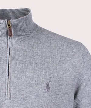 Polo Ralph Lauren Merino Wool Quarter Zip Jumper in Fawn Grey Detail Shot at EQVVS
