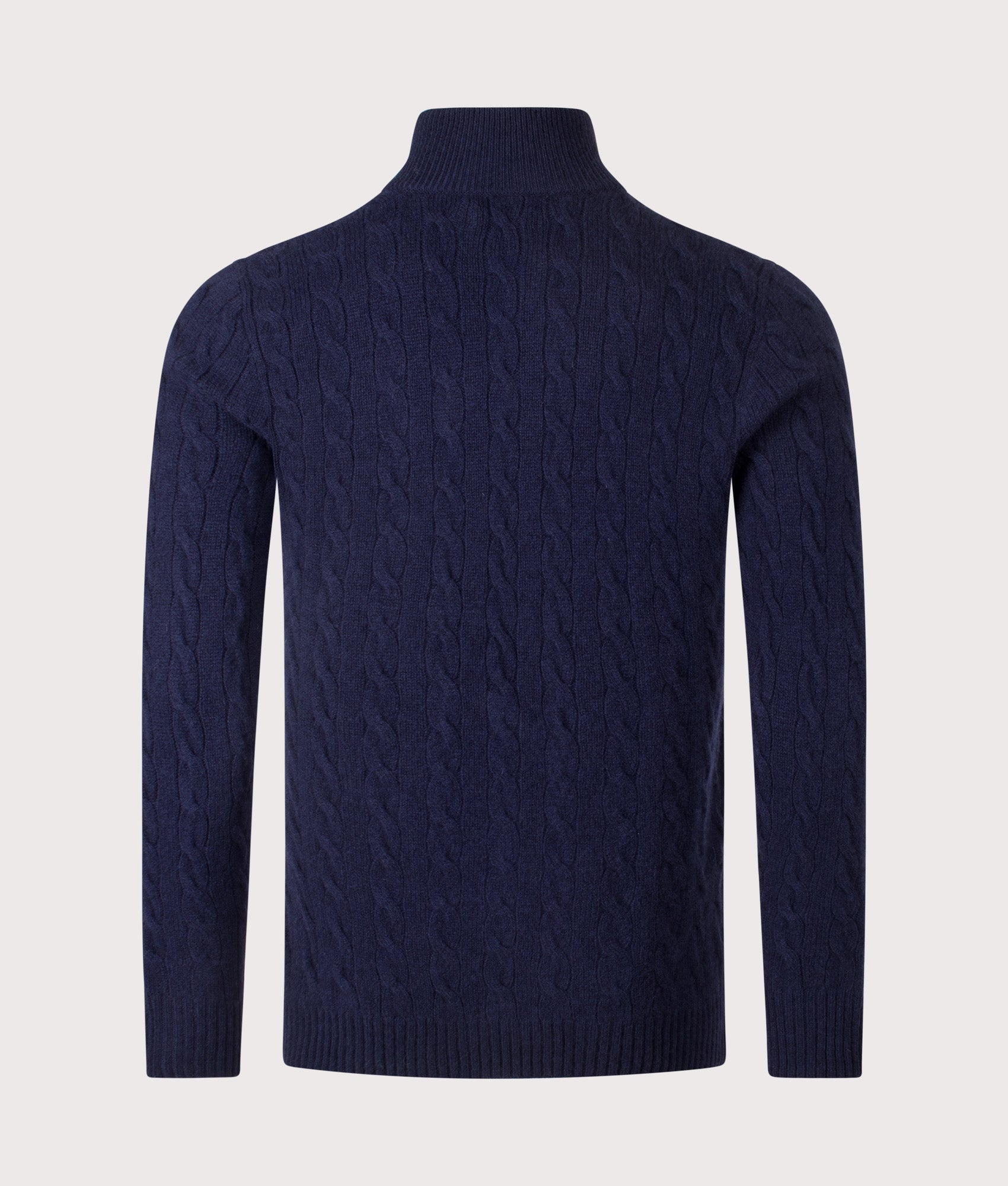 Cashmere Blend Quarter Zip Cable Knit Jumper by Polo Ralph Lauren in Hunter Navy. Shot by EQVVS. Back shot.
