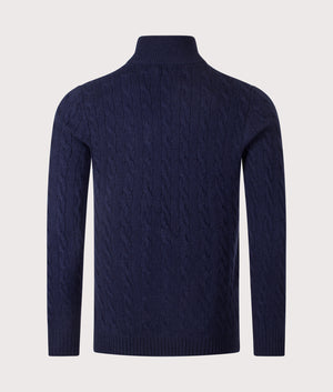 Cashmere Blend Quarter Zip Cable Knit Jumper by Polo Ralph Lauren in Hunter Navy. Shot by EQVVS. Back shot.
