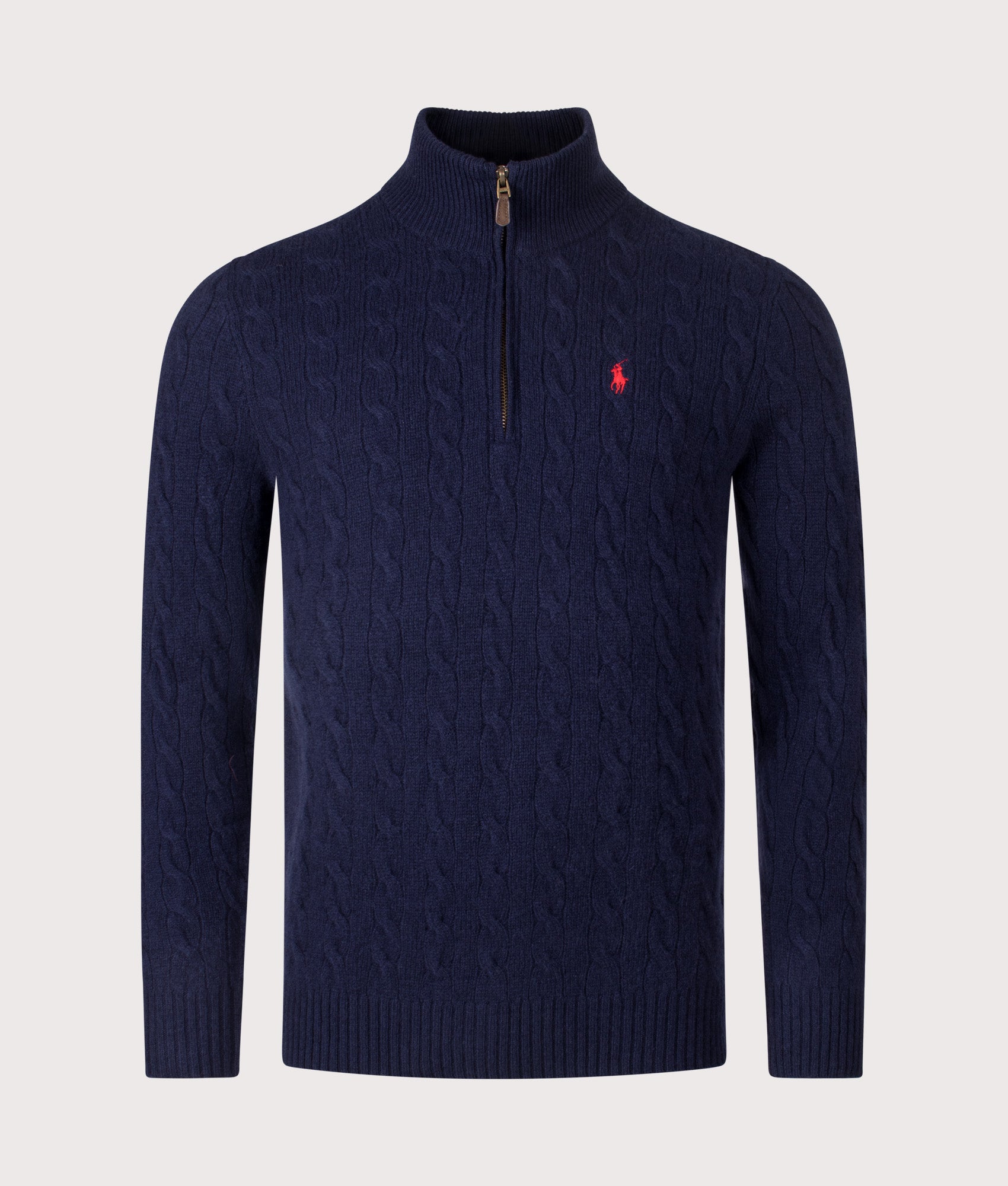 Cashmere Blend Quarter Zip Cable Knit Jumper by Polo Ralph Lauren in Hunter Navy. Shot by EQVVS. Front shot.