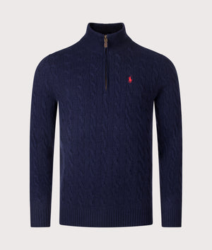 Cashmere Blend Quarter Zip Cable Knit Jumper by Polo Ralph Lauren in Hunter Navy. Shot by EQVVS. Front shot.