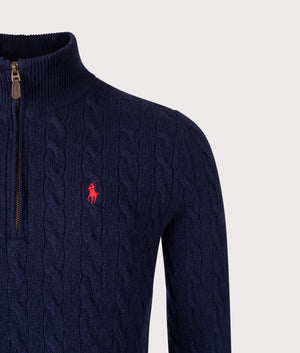 Cashmere Blend Quarter Zip Cable Knit Jumper by Polo Ralph Lauren in Hunter Navy. Shot by EQVVS. Detail shot.