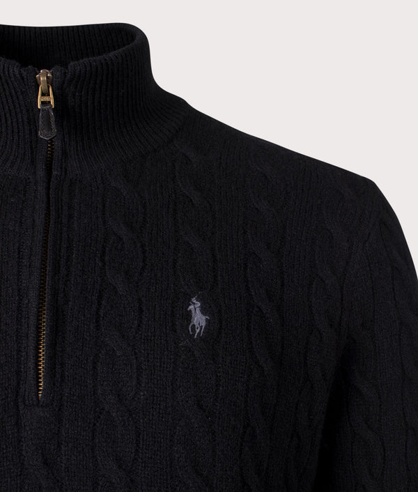 Polo Ralph Lauren Cashmere Blend QZip Cable Knit Jumper Black | EQVVS