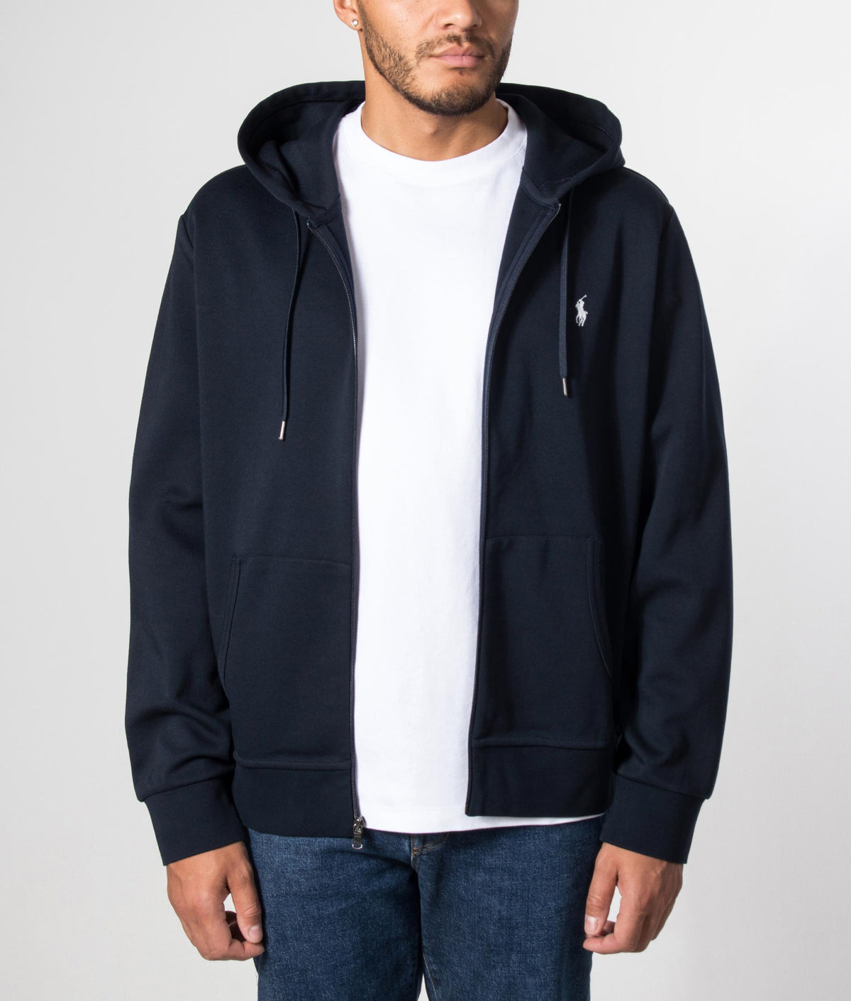 Polo Ralph Lauren Zip Through Hoodie in Aviator Navy at EQVVS Menswear. Model front shot.