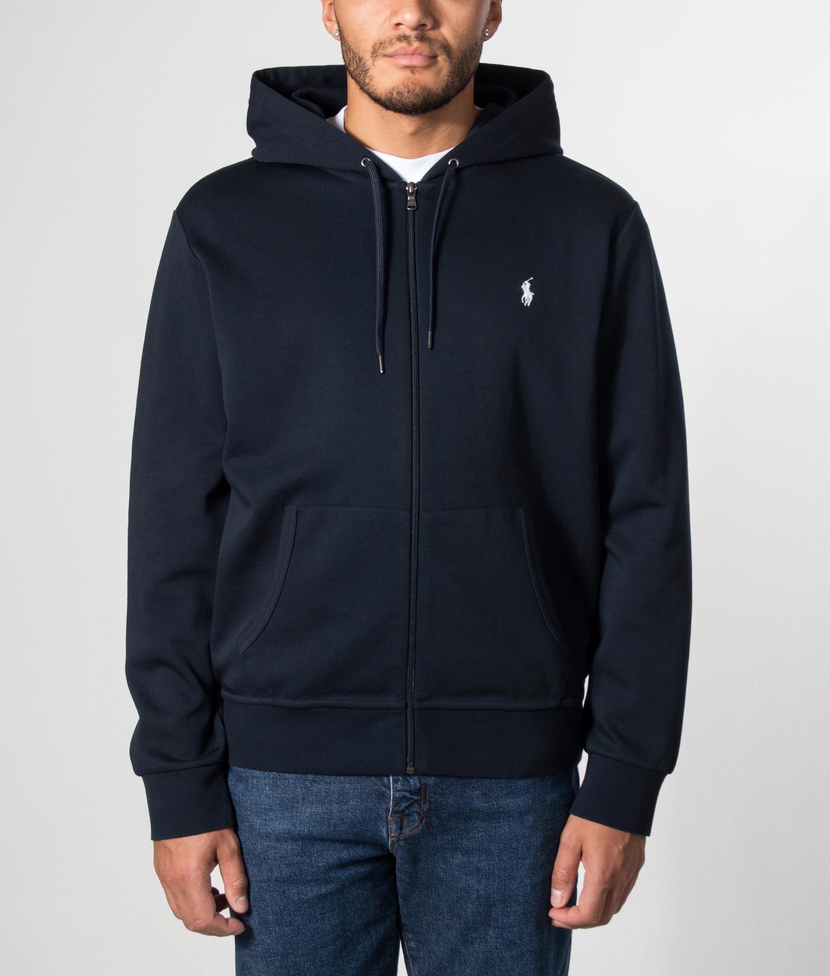 Polo Ralph Lauren Zip Through Hoodie in Aviator Navy at EQVVS Menswear. Model front shot.