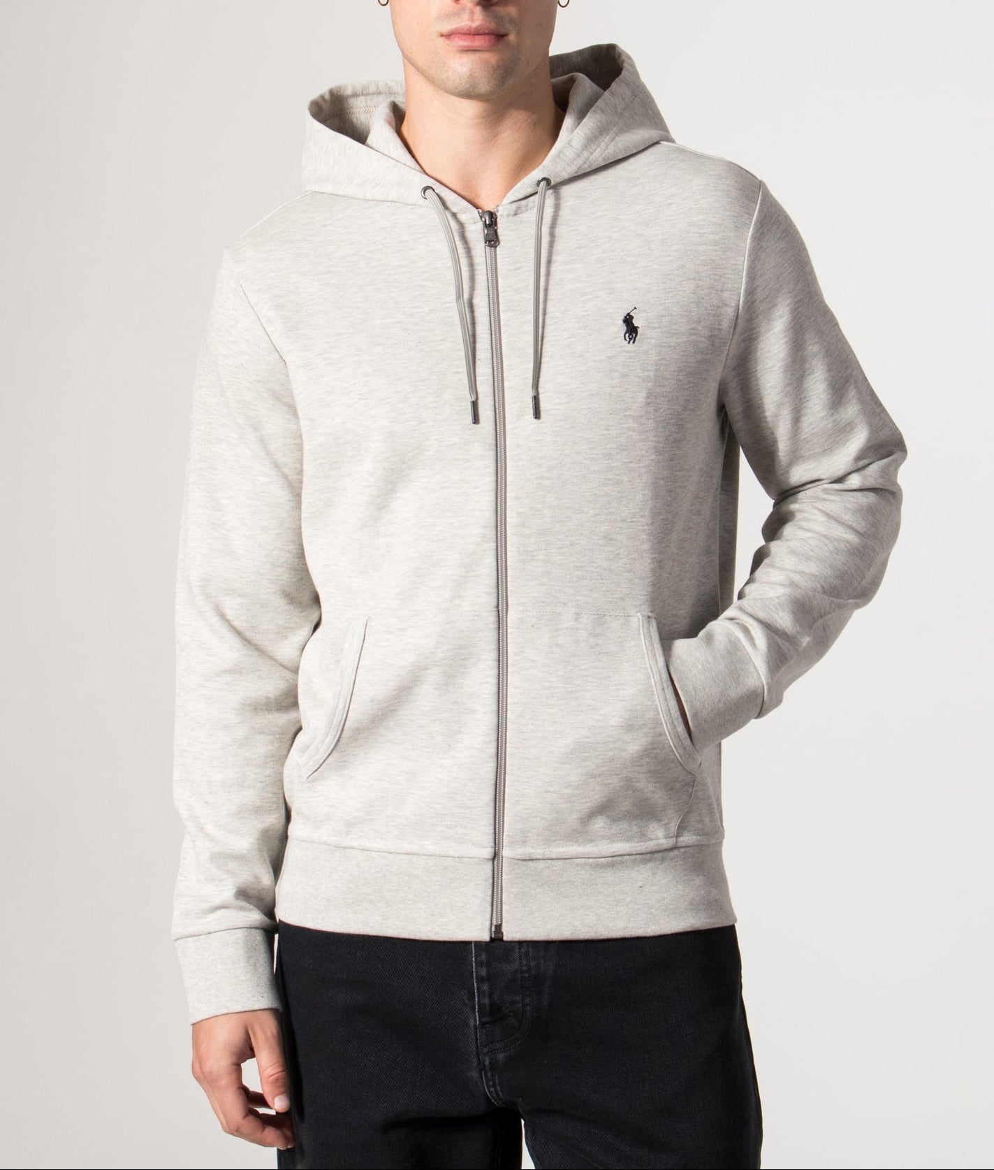 Polo Ralph Lauren Zip Through Hoodie in LT Sport Heather at EQVVS Menswear. Model Front Shot.