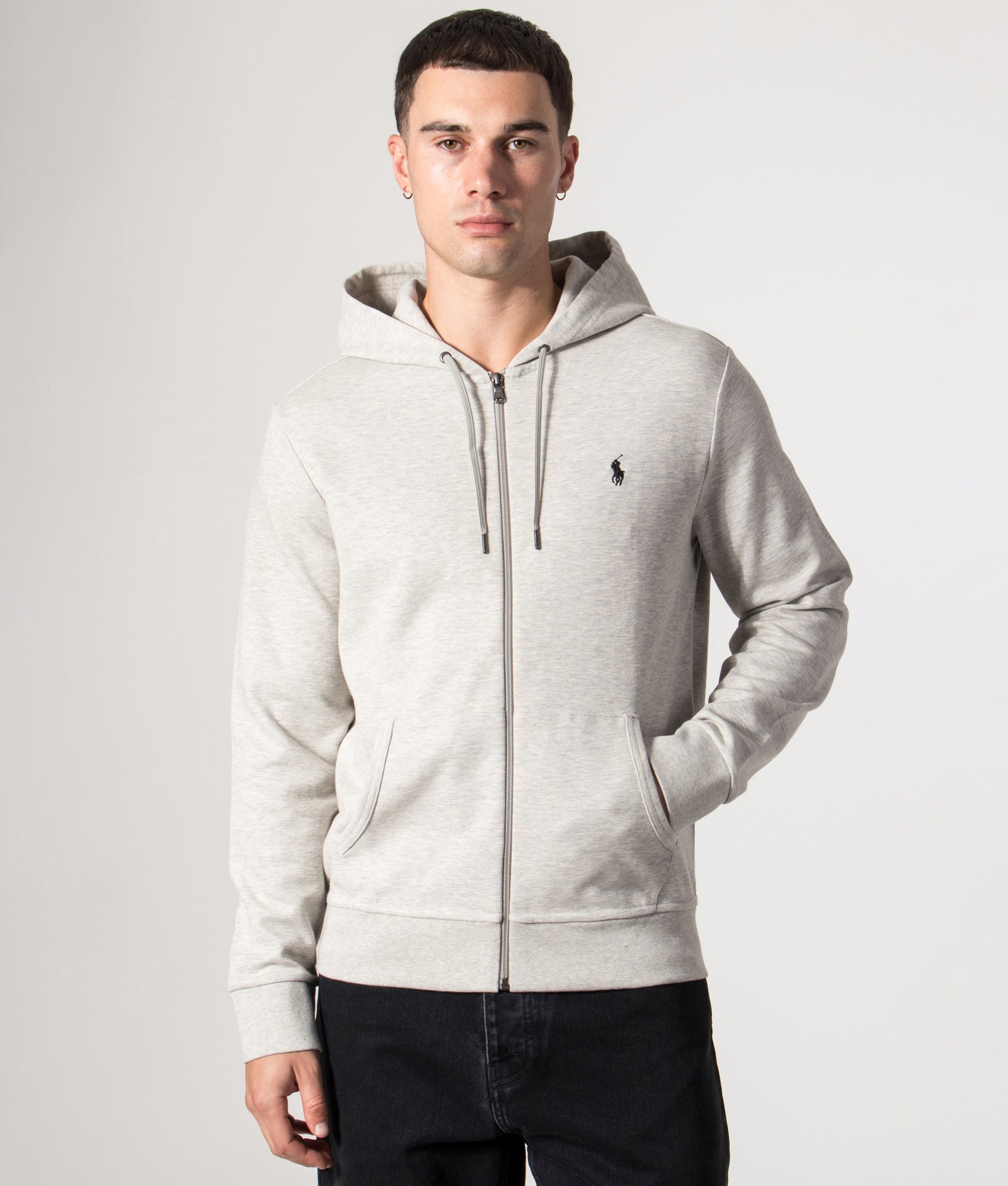 Polo Ralph Lauren Zip Through Hoodie in LT Sport Heather at EQVVS Menswear. Model Front Shot.