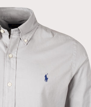 Custom Fit Stretch Oxford Shirt in Grey by Polo Ralph Lauren. EQVVS Detail Shot.
