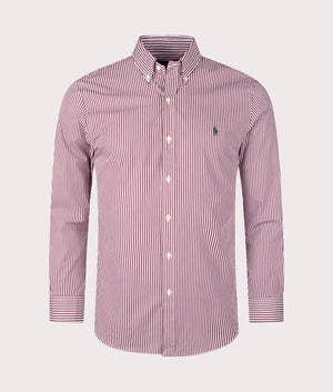 Slim Fit Striped Poplin Shirt in Wine by Polo Ralph Lauren. EQVVS Front Angle Shot.