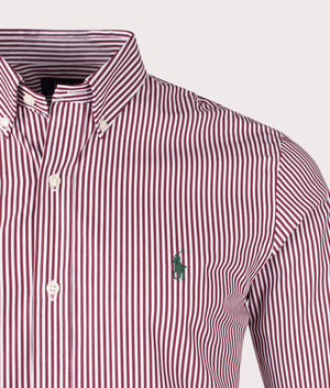 Slim Fit Striped Poplin Shirt in Wine by Polo Ralph Lauren. EQVVS Detail Shot.