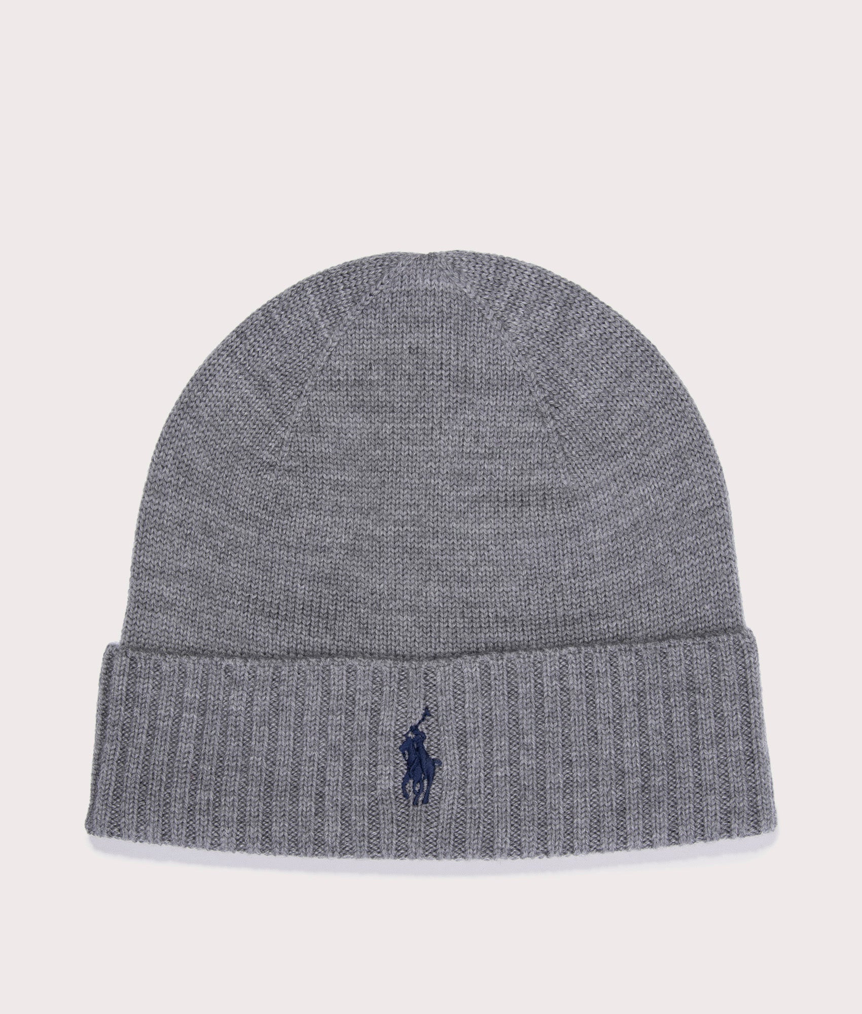 Polo Ralph Lauren Merino Wool Beanie in Fawn Grey Heather, 100% wool. EQVVS Front Shot.