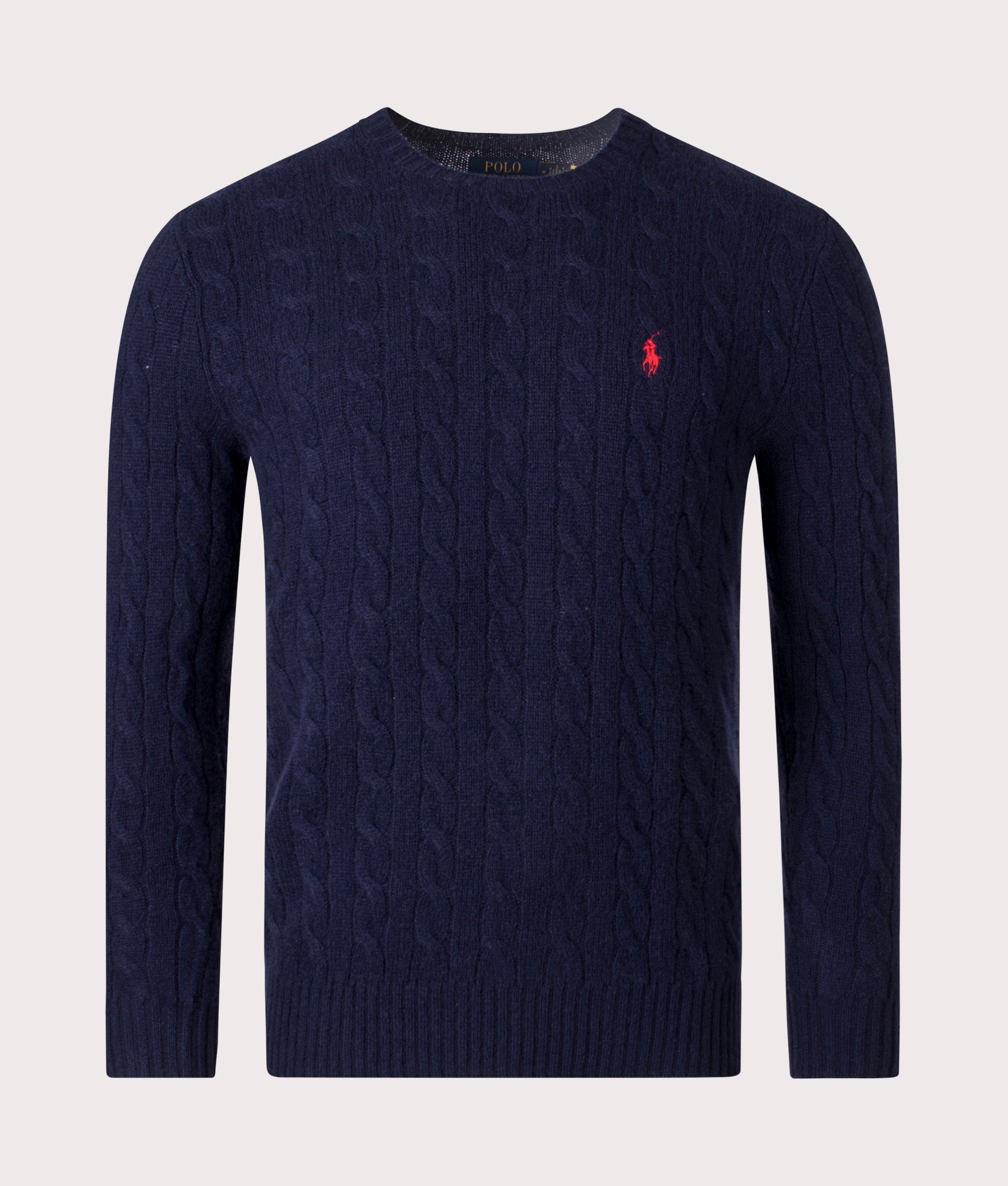 Polo Ralph Lauren Cashmere Blend Cable Knit Jumper in Hunter Navy, 90% Wool, 10% Cashmere at EQVVS. Front Shot. 