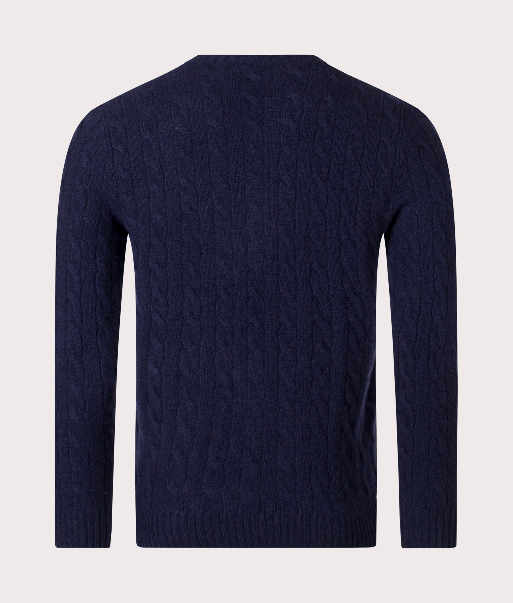 Polo Ralph Lauren Cashmere Blend Cable Knit Jumper in Hunter Navy, 90% Wool, 10% Cashmere at EQVVS. Back Shot. 