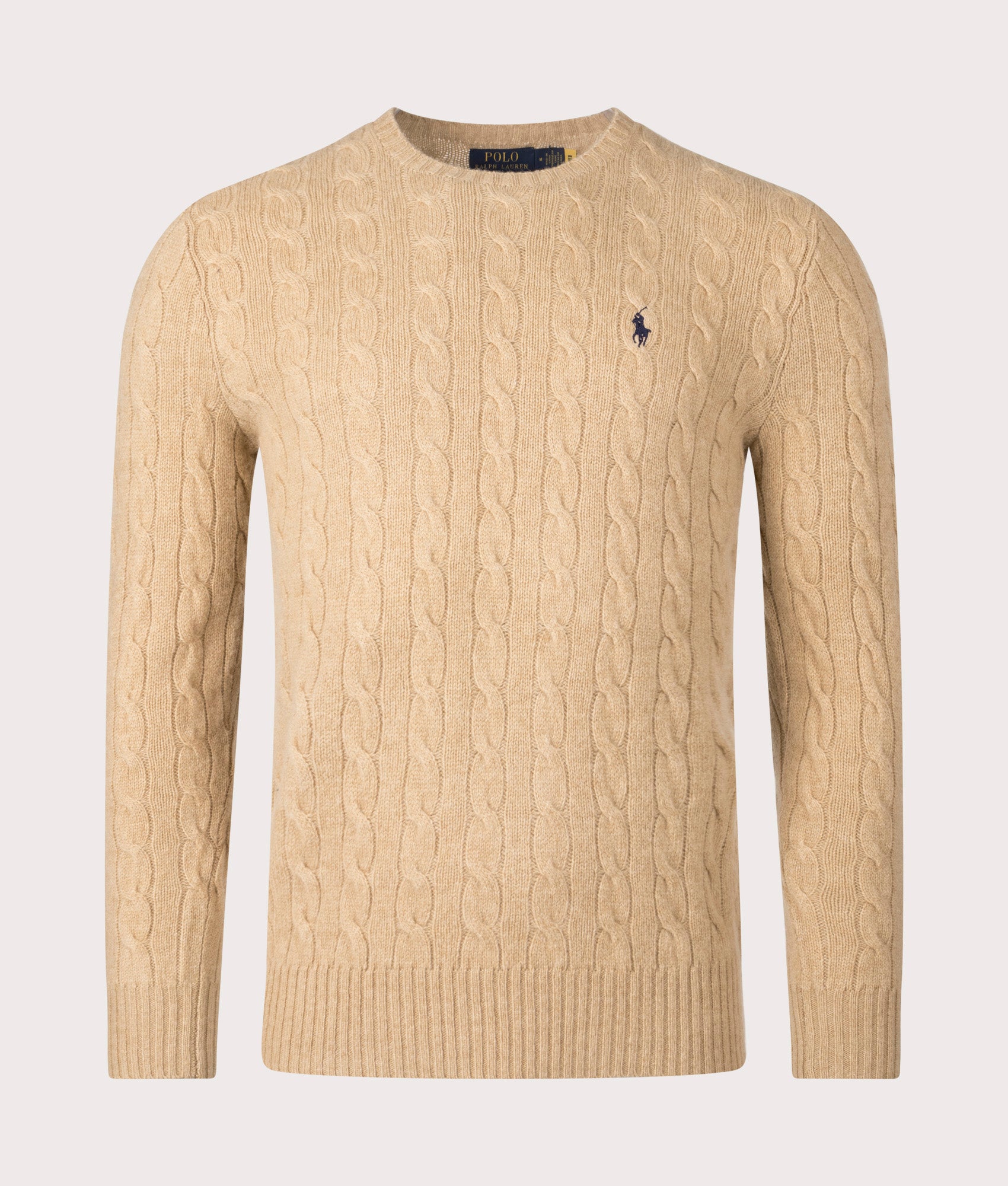 Polo Ralph Lauren Cashmere Blend Cable Knit Jumper in Camel Melange, 90% Wool, 10% Cashmere at EQVVS. Front Shot. 