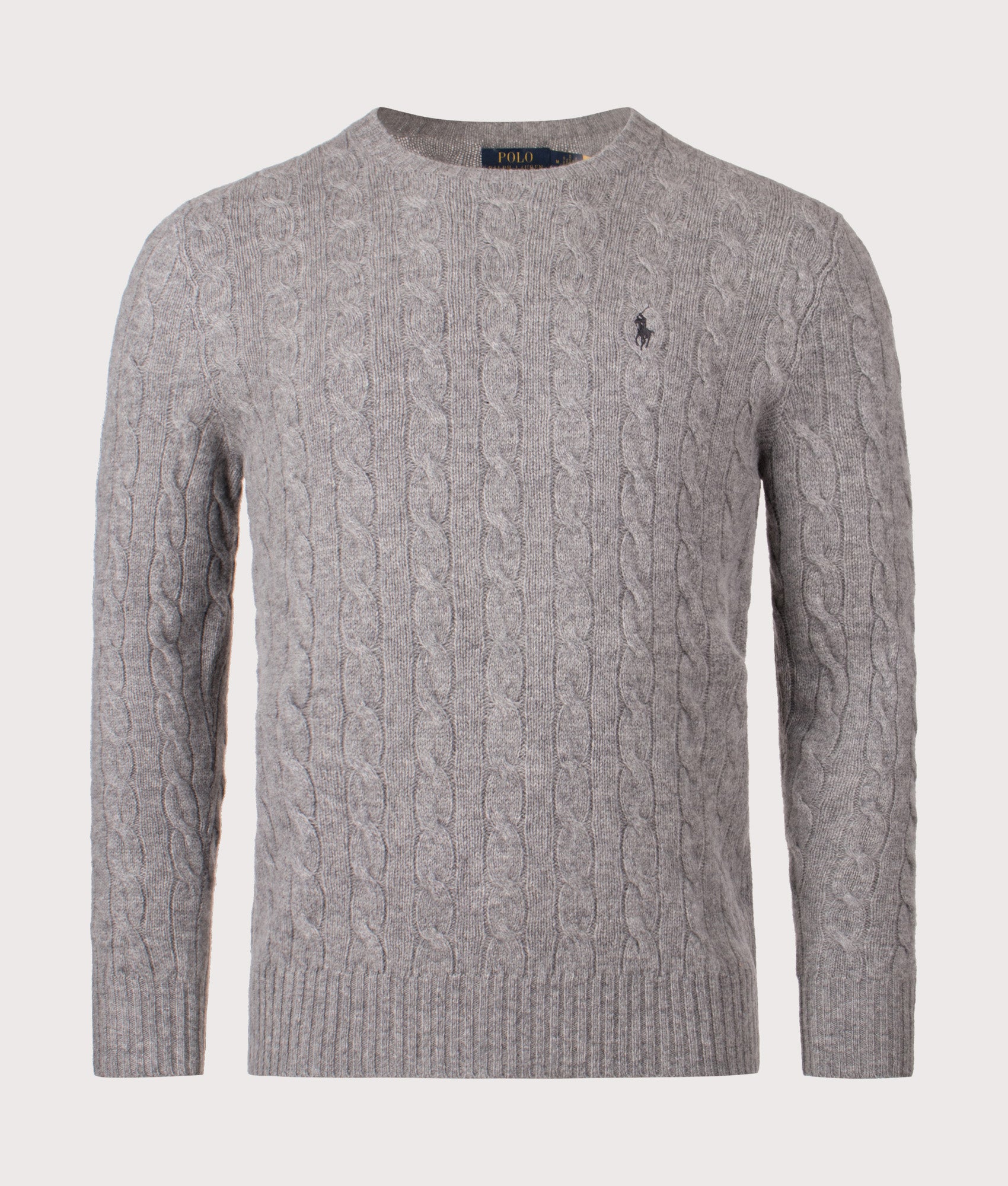 Polo Ralph Lauren Cashmere Blend Cable Knit Jumper in Fawn Grey Heather at EQVVS Menswear. Front shot.