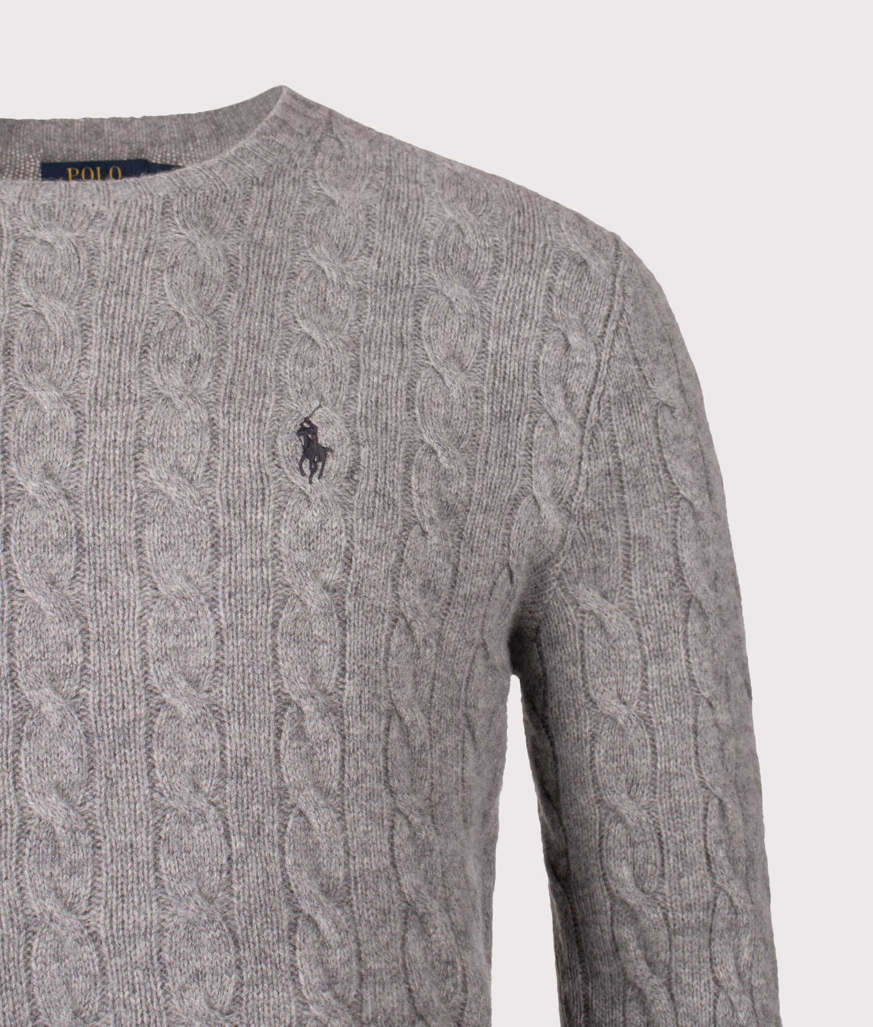 Polo Ralph Lauren Cashmere Blend Cable Knit Jumper in Fawn Grey Heather at EQVVS Menswear. Detail shot. 
