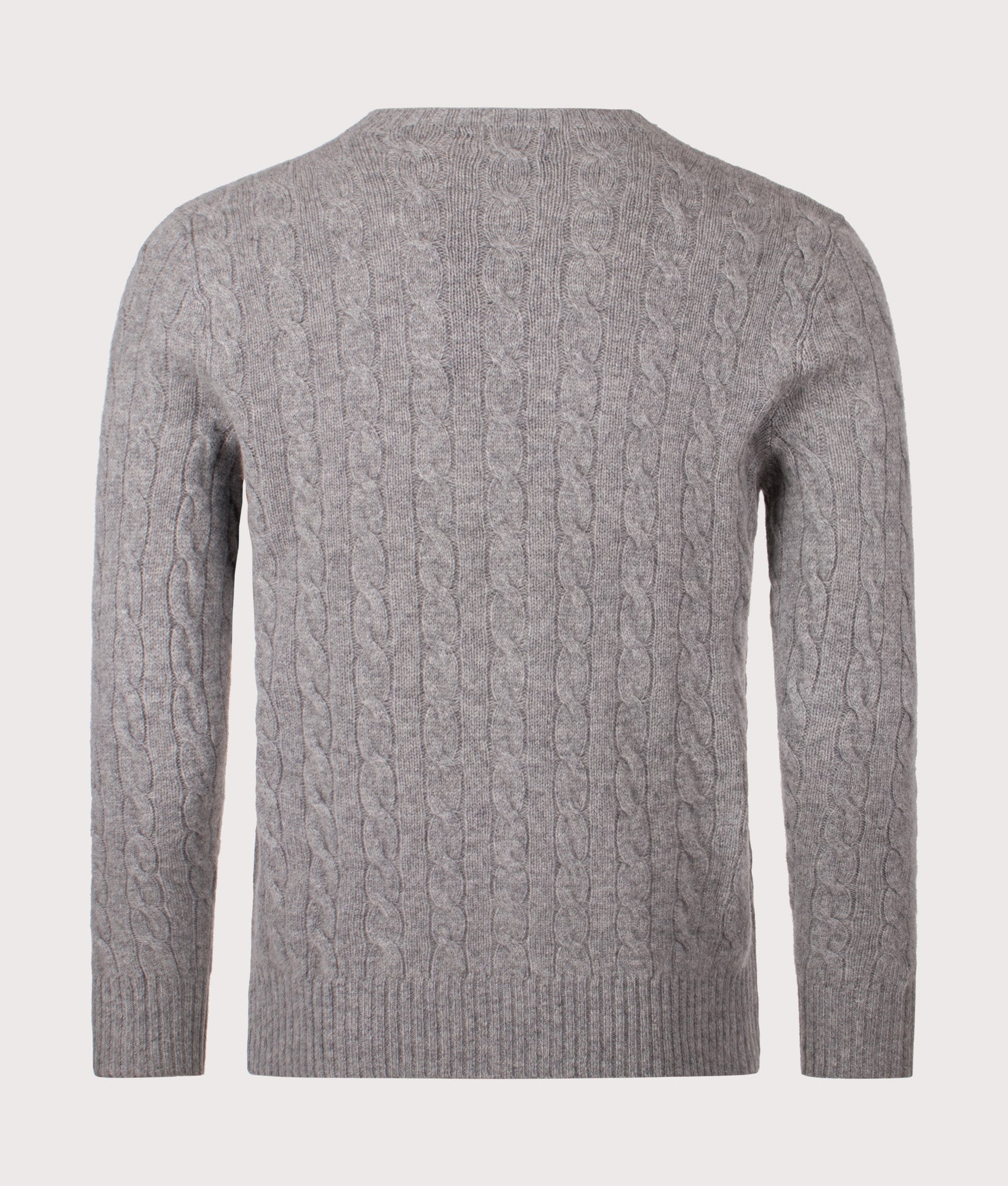 Polo Ralph Lauren Cashmere Blend Cable Knit Jumper in Fawn Grey Heather at EQVVS Menswear. Back shot.