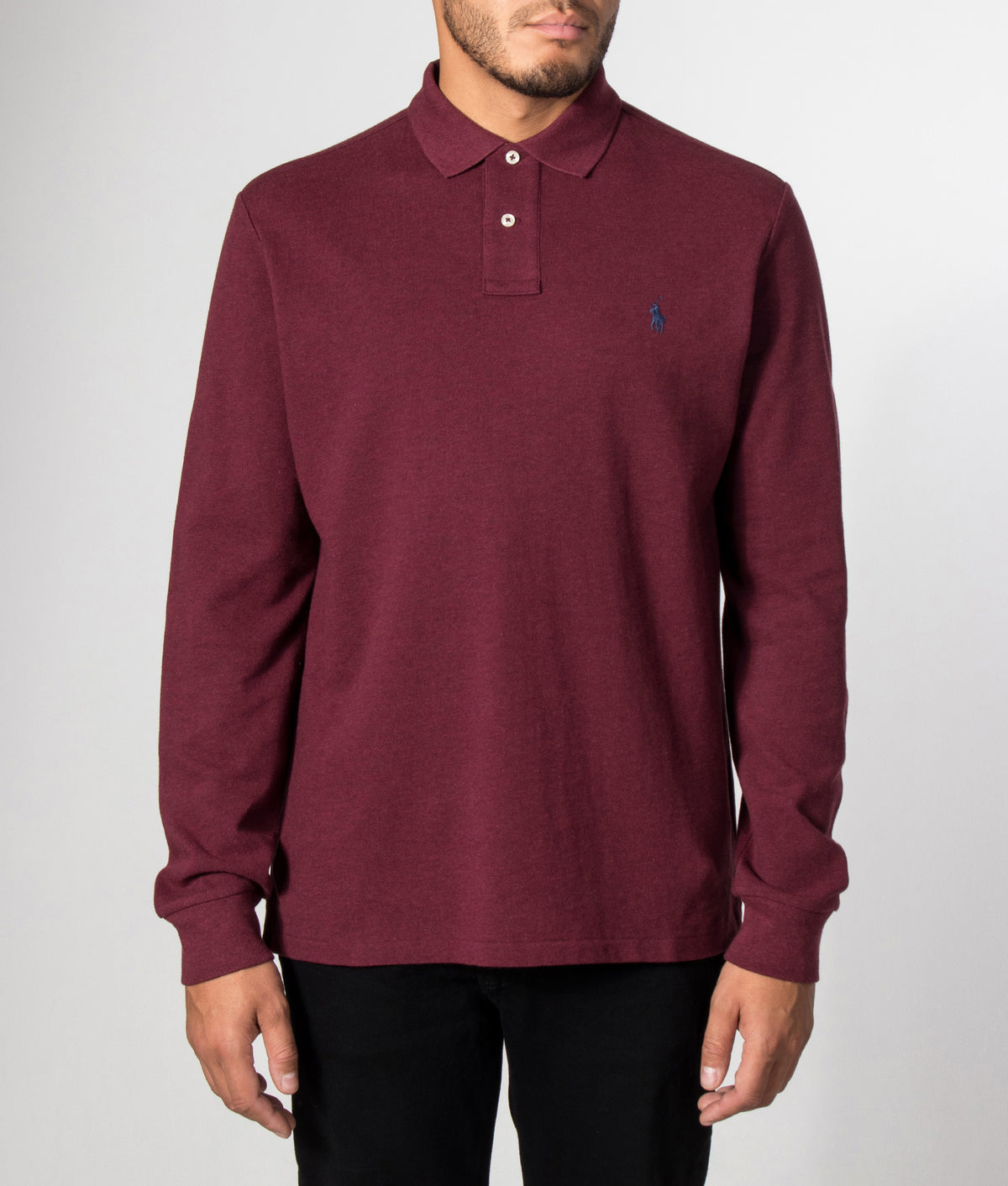 Polo Ralph Lauren Custom Slim Fit Long Sleeve Polo Shirt in Spring Wine Heather at EQVVS Menswear. Model front shot.