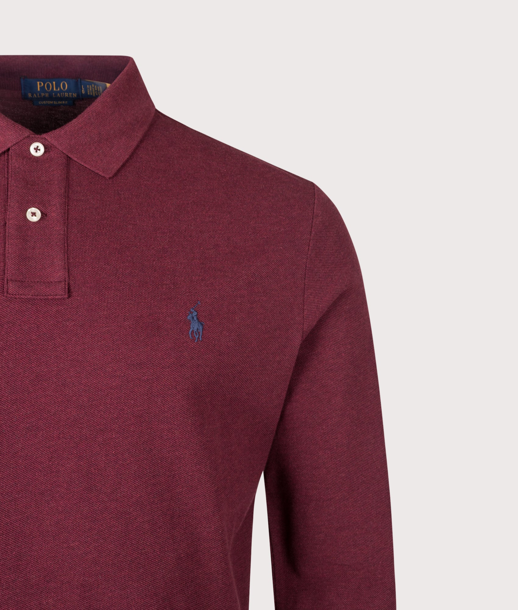 Polo Ralph Lauren Custom Slim Fit Long Sleeve Polo Shirt in Spring Wine Heather at EQVVS Menswear. Detail shot.
