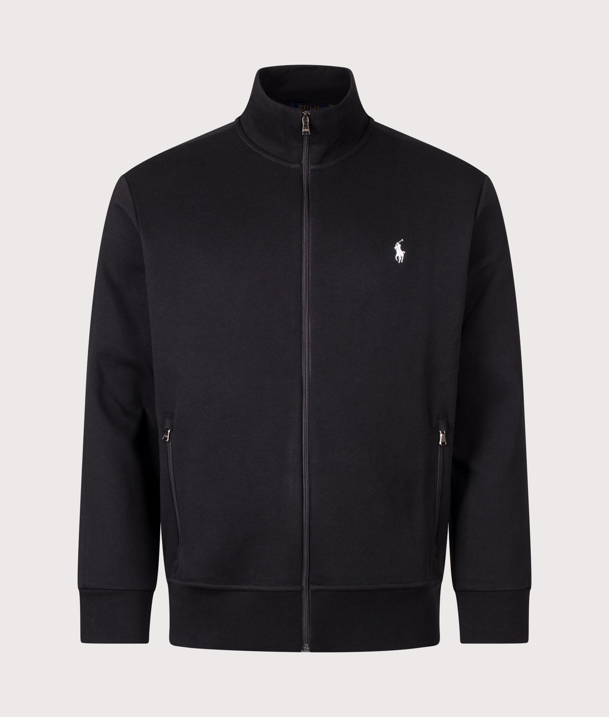 Polo Ralph Lauren Regular Fit Double Knit Track Top in Polo Black at EQVVS Menswear. Front shot.